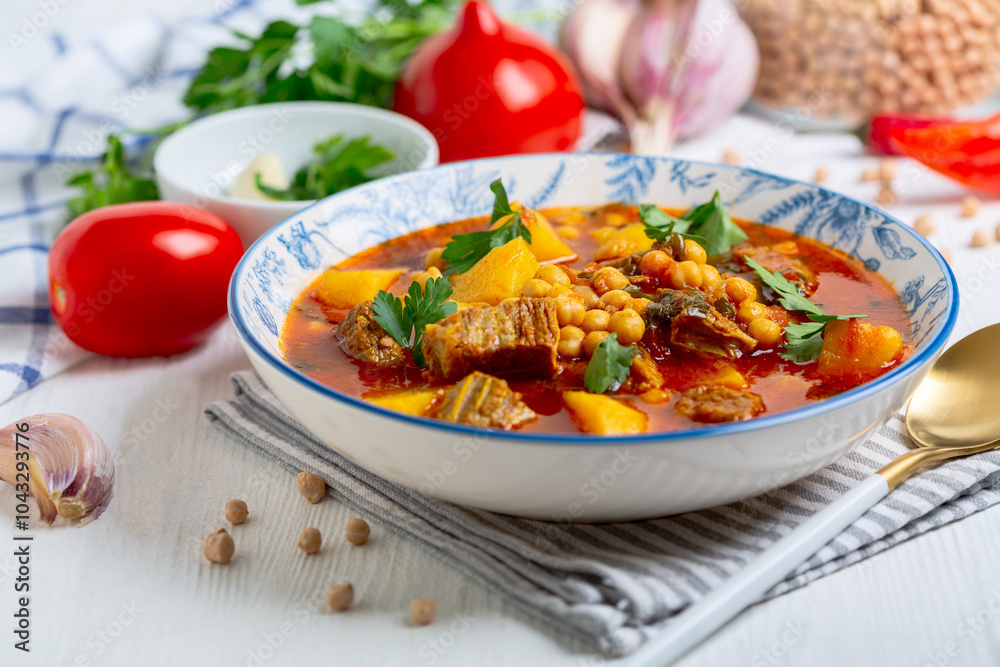 Delicious thick soup of beef and chickpeas.