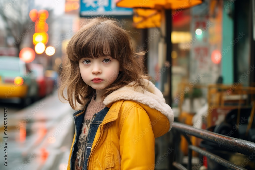 Portrait of a little girl in a yellow coat on a background of the city Portrait of a little girl in a yellow coat on a background of the city