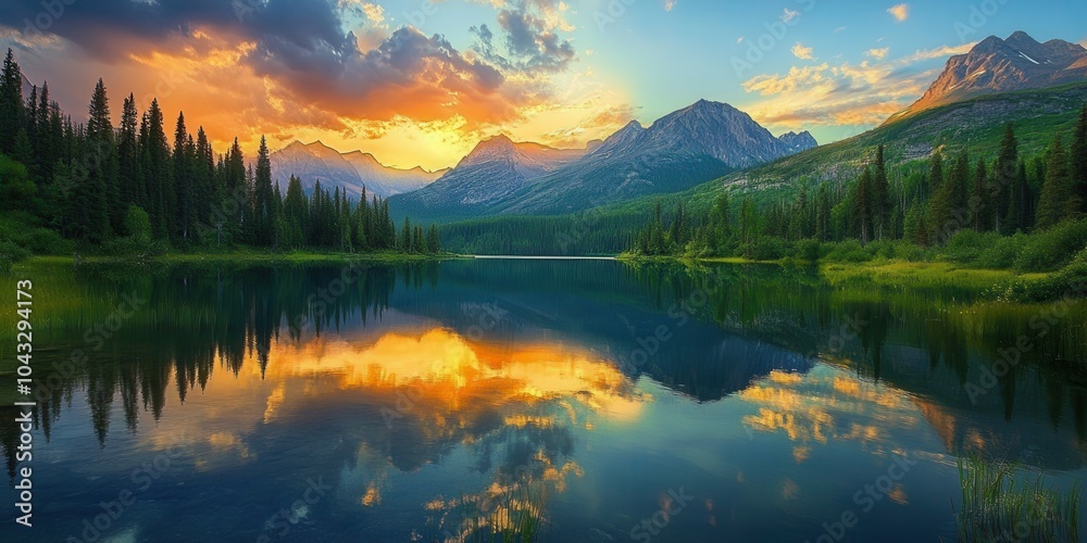 Scenic mountain landscape with serene lake reflecting the vibrant sunset. Scenic mountain landscape with serene lake reflecting the vibrant sunset.
