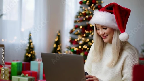 Young and cheerful, a woman in a Santa hat enjoys holiday shopping online, surrounded by Christmas decorations and gift-wrapped presents. photo