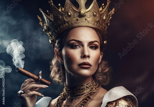 Beautiful domineering woman in a crown with a cigar, queen