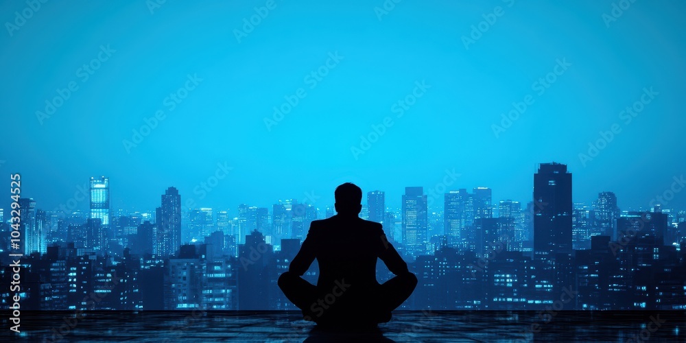 Silhouette of a person meditating against a blue city skyline. Silhouette of a person meditating against a blue city skyline.