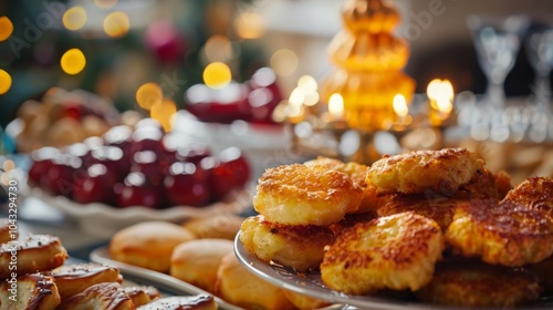 Festive Hanukkah Dinner Spread with Lit Menorah and Traditional Foods photo