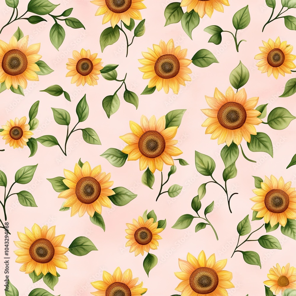 A vibrant pattern of sunflowers and green leaves against a soft pink background, creating a cheerful and fresh floral design. A vibrant pattern of sunflowers and green leaves against a soft pink background, creating a cheerful and fresh floral design.