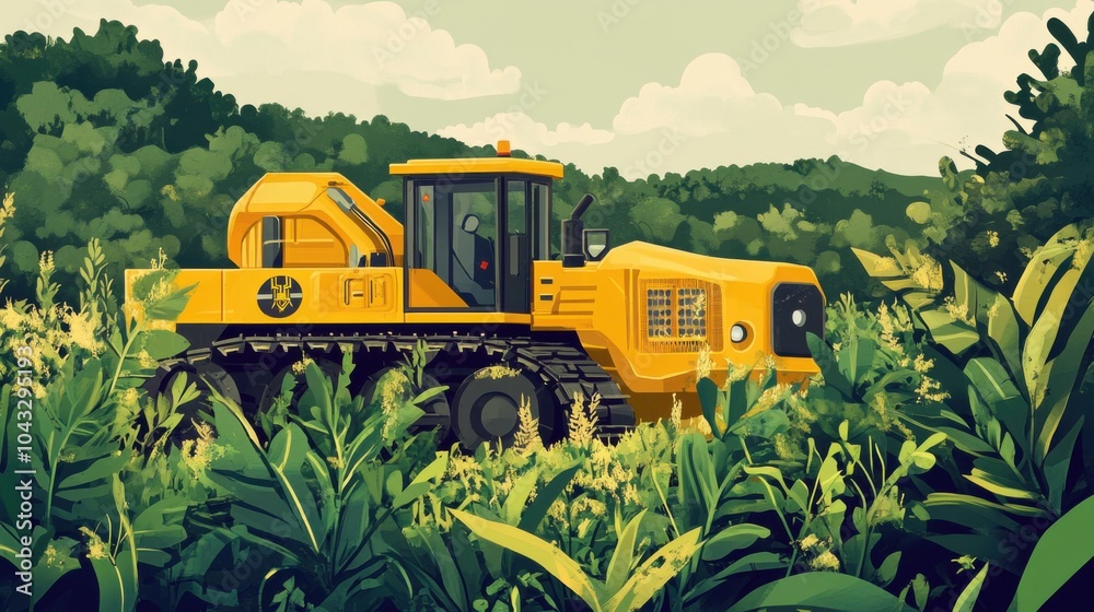 The concept of robotic weed control in olive green and bright yellow colors The concept of robotic weed control in olive green and bright yellow colors