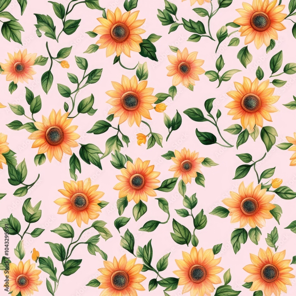 A vibrant floral pattern featuring sunflowers surrounded by green leaves on a soft pink background. A vibrant floral pattern featuring sunflowers surrounded by green leaves on a soft pink background.