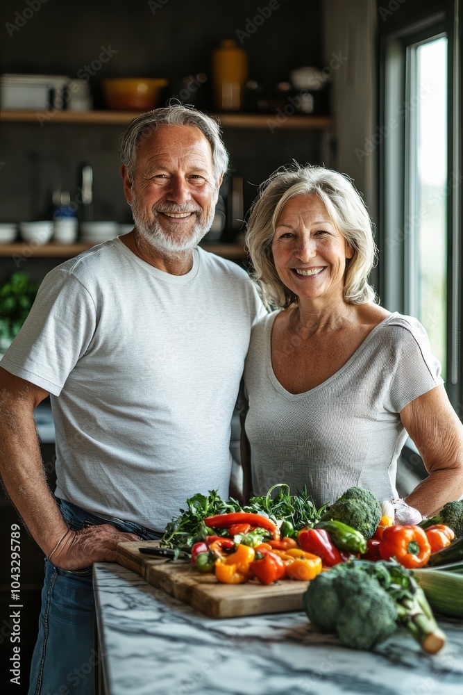 Smiling elderly couple in a modern kitchen with fresh vegetables on the counter, embracing healthy living and happiness together Smiling elderly couple in a modern kitchen with fresh vegetables on the counter, embracing healthy living and happiness together