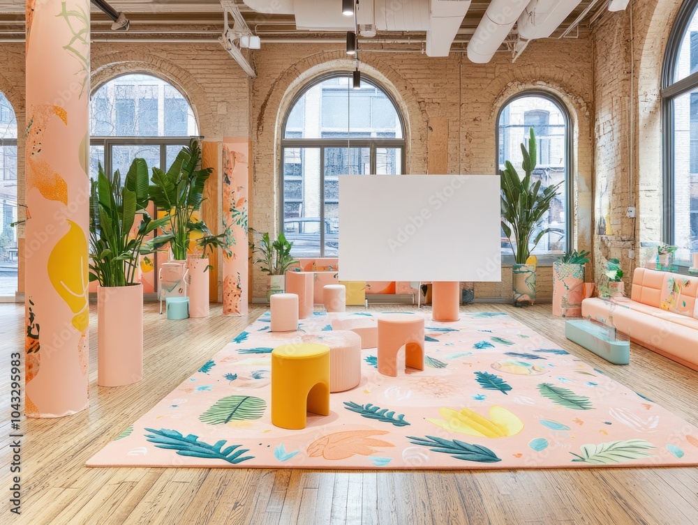 Fototapeta premium A vibrant, modern workspace featuring colorful furniture and plants for creative collaboration.