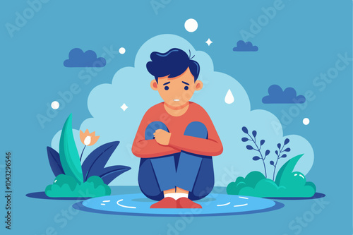 Sadness and solitude: cartoon boy in thoughtful seated pose with nature surroundings