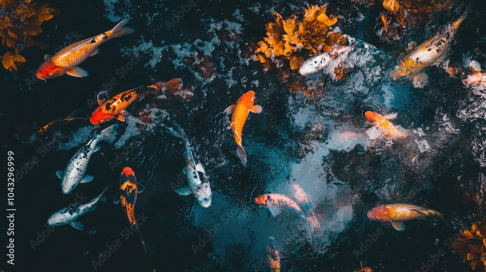 Top-down view of fancy carp in a calm pond, showcasing the vivid orange, white, and black patterns on their scales. --chaos Top-down view of fancy carp in a calm pond, showcasing the vivid orange, white, and black patterns on their scales. --chaos