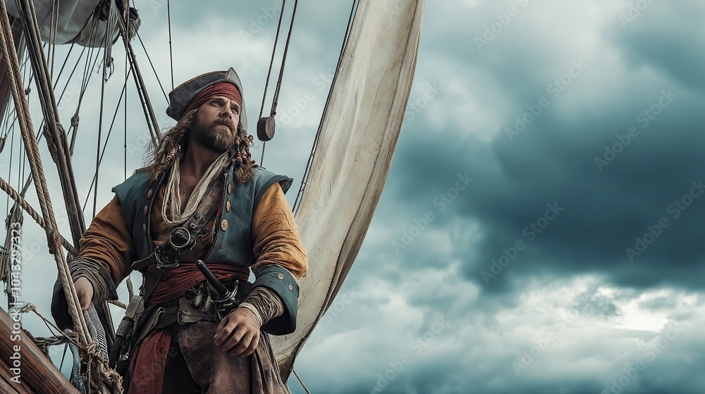 Fototapeta premium Pirate on the ship with sails.