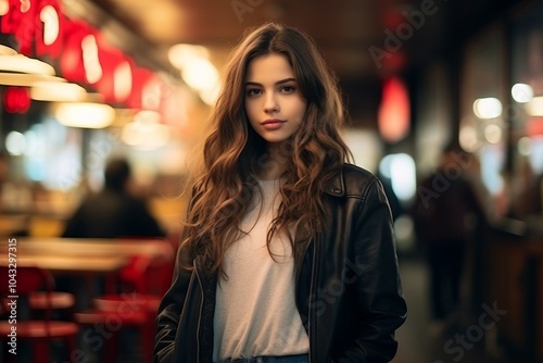 Portrait of a beautiful young woman in the city at night.