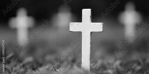 White cross monument in a cemetery, blurred background, serene atmosphere.