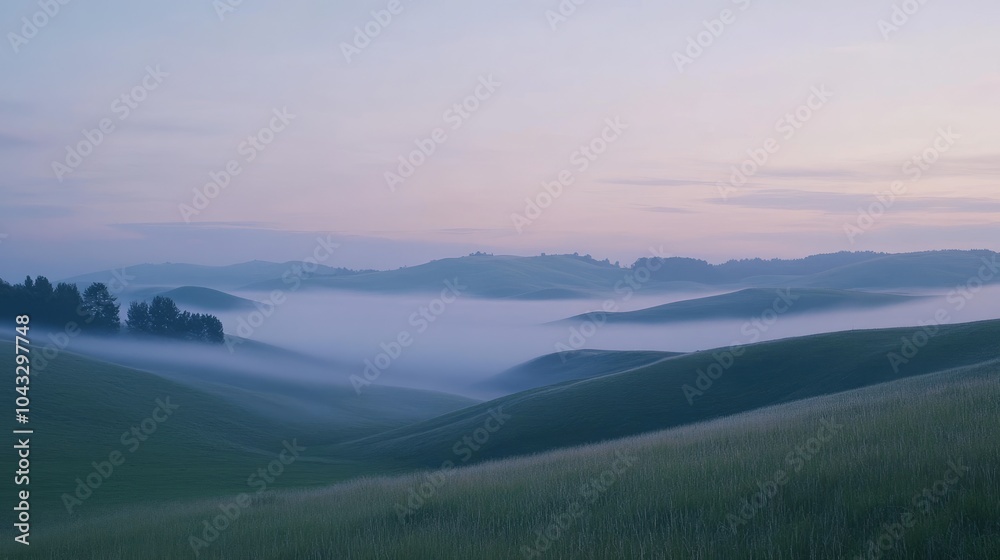 A serene dawn scene of rolling hills enveloped in fog, creating a captivating and mysterious landscape