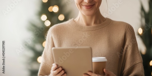 Woman in sweater holding tablet and coffee cup, festive background blurred.