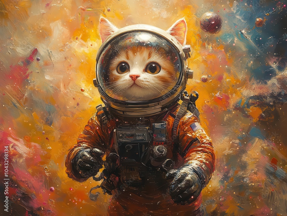adorable space cat in a shiny astronaut suit, exploring a vibrant galaxy, filled with twinkling stars and colorful nebulae, showcasing a whimsical fusion of outer space and feline charm