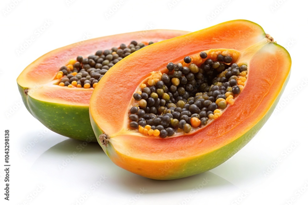 Ripe papaya with cut in half isolated on white background, Clipping path Depth of Field Ripe papaya with cut in half isolated on white background, Clipping path Depth of Field