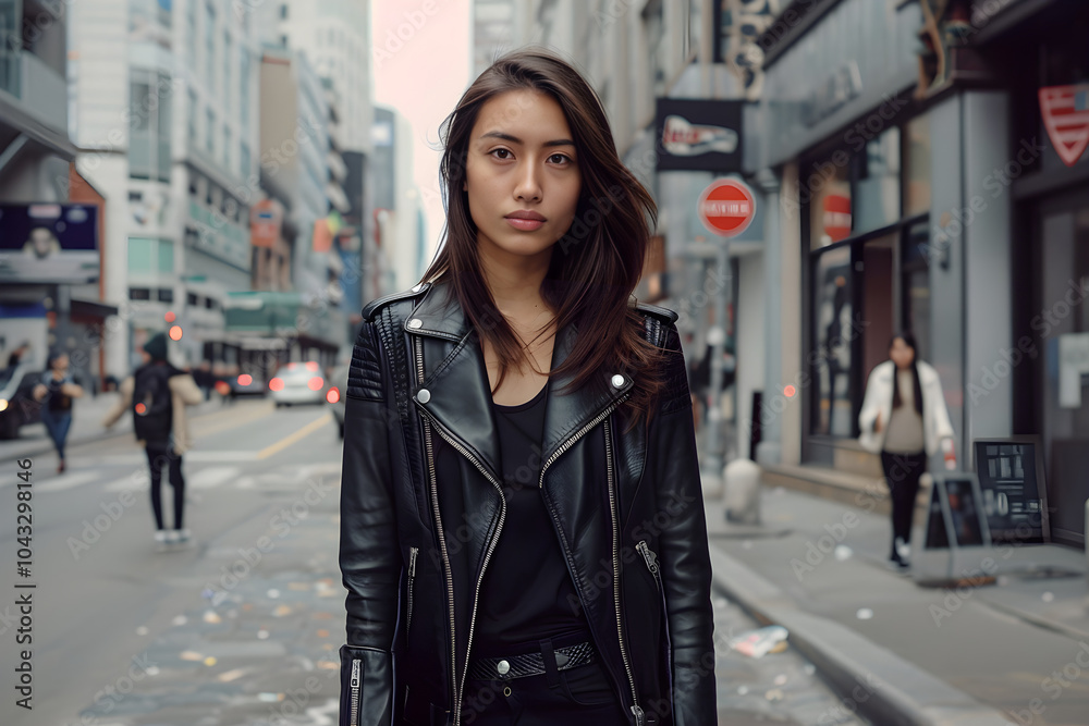 Modern Urban Fashion: Sleek Leather Jacket in Bustling City Setting Modern Urban Fashion: Sleek Leather Jacket in Bustling City Setting