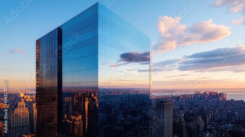 Dramatic architectural shot of a modern skyscraper with a glass fade, reflecting the surrounding city and sky in bold detail -