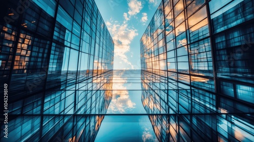 Dramatic architectural shot of a modern skyscraper with a glass fade, reflecting the surrounding city and sky in bold detail -