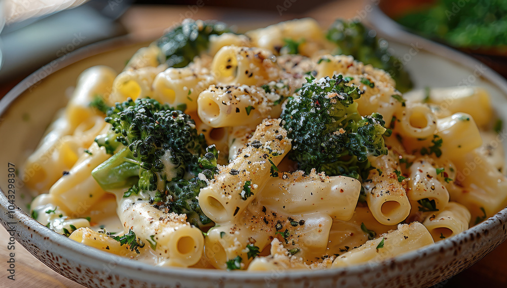 Close-up of a creamy pasta dish with broccoli florets and garlic sauce, served in a rustic bowl. Close-up of a creamy pasta dish with broccoli florets and garlic sauce, served in a rustic bowl.