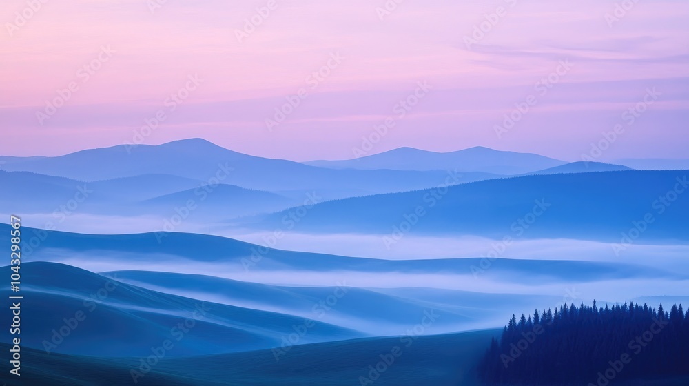 Rolling hills shrouded in thick fog at dawn, the soft morning light creating a captivating and mysterious scene Rolling hills shrouded in thick fog at dawn, the soft morning light creating a captivating and mysterious scene