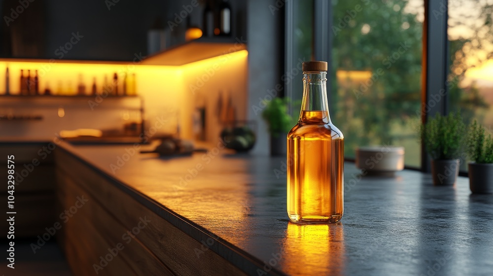 Glass bottle of amber liquid on a modern kitchen counter Glass bottle of amber liquid on a modern kitchen counter
