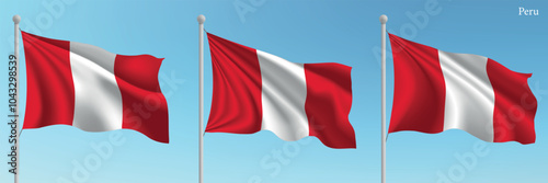 Set of three flags of Peru waving on flagpoles