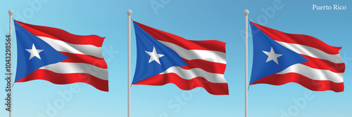 Set of three flags of Puerto Rico waving on flagpoles