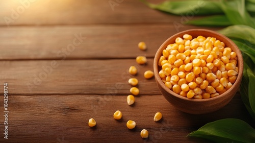 Fresh corn kernels in a wooden bowl on rustic table