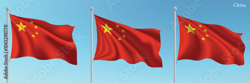 Set of three flags of China waving on flagpoles