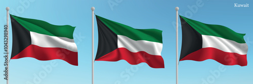 Set of three flags of Kuwait waving on flagpoles