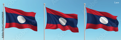 Set of three flags of Laos waving on flagpoles