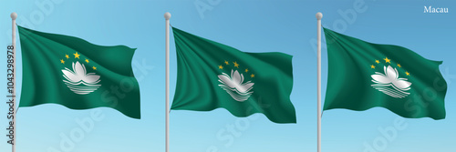 Set of three flags of Macau waving on flagpoles