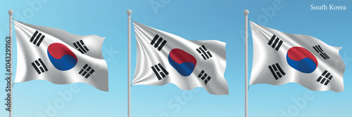 Set of three flags of South Korea waving on flagpoles