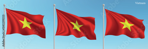 Set of three flags of Vietnam waving on flagpoles