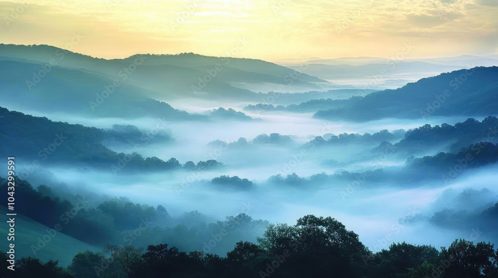A captivating landscape of fog-covered hills at dawn, the mist adding a sense of mystery and calm to the peaceful scene A captivating landscape of fog-covered hills at dawn, the mist adding a sense of mystery and calm to the peaceful scene