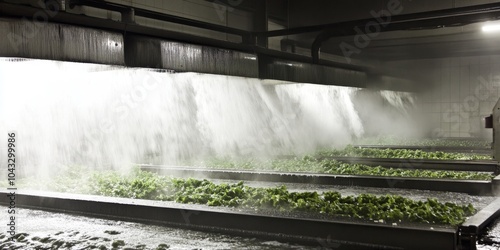 Industrial food processing line with water spraying over produce. photo