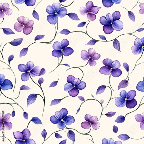 A delicate pattern featuring purple and blue flowers intertwined with green leaves on a soft cream background.