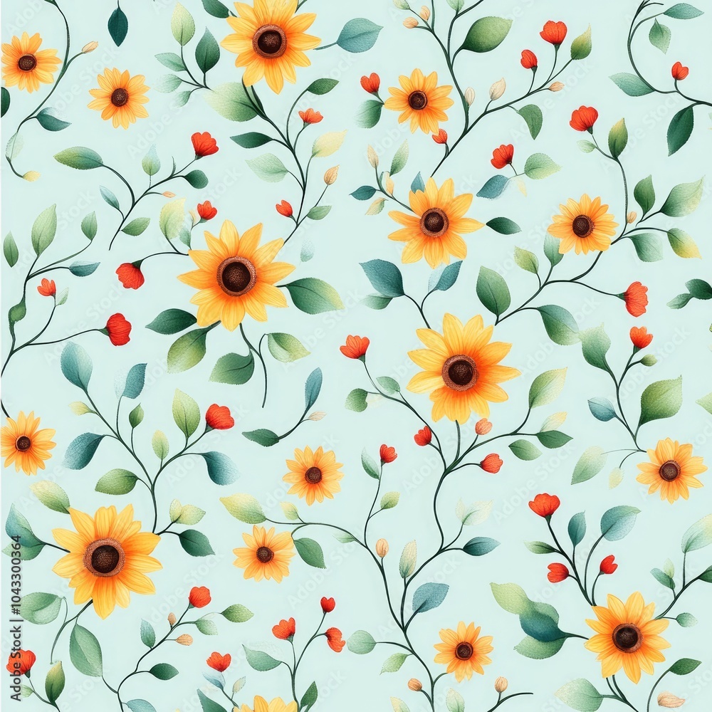 A vibrant floral pattern featuring bright sunflowers and delicate leaves on a soft blue background. A vibrant floral pattern featuring bright sunflowers and delicate leaves on a soft blue background.