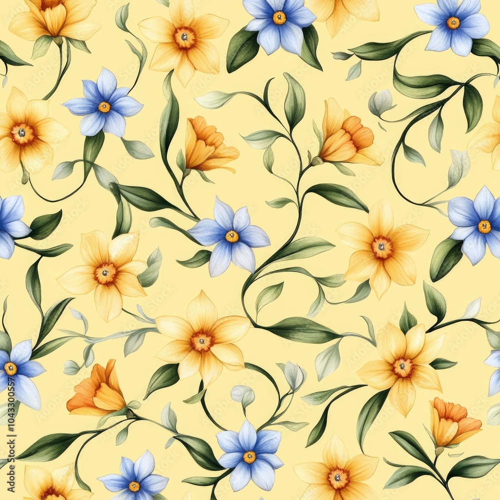 A vibrant floral pattern featuring blue and orange flowers against a soft yellow background, ideal for textiles or home decor. A vibrant floral pattern featuring blue and orange flowers against a soft yellow background, ideal for textiles or home decor.