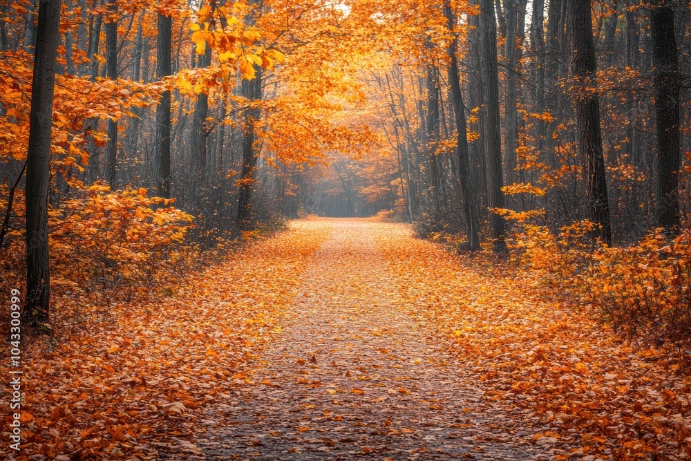 Obraz premium autumn forest scene, forest path bathed in sunlight and golden leaves with vibrant orange and red foliage, perfect for adding text