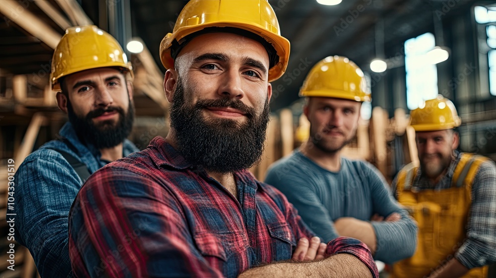 Four male workers in hard hats pose confidently in a warehouse, showcasing teamwork and professionalism in a construction environment. Four male workers in hard hats pose confidently in a warehouse, showcasing teamwork and professionalism in a construction environment.