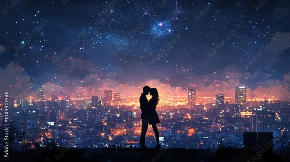 Romantic Silhouette of Couple Embracing on Rooftop Romantic Silhouette of Couple Embracing on Rooftop