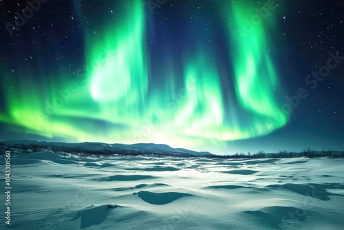 Spectacular northern lights over snowy arctic landscape for winter adventure design