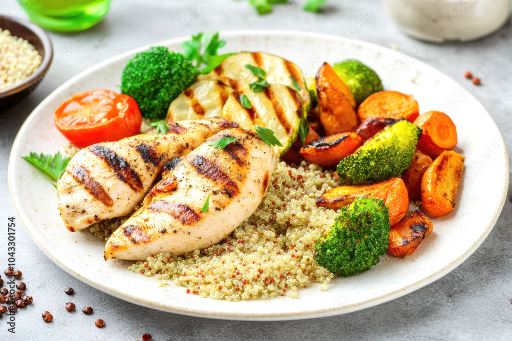 Grilled chicken with quinoa and roasted vegetables on a white plate Grilled chicken with quinoa and roasted vegetables on a white plate