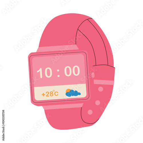 Flat vector illustration of smart watches, fitness trackers for kids and adults with digital display and silicone bracelets. Dial on the watch.