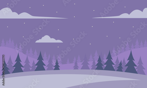 A clearing in a fir forest in the middle of the night