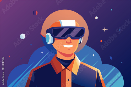 Futuristic virtual reality exploration with smiling astronaut in space