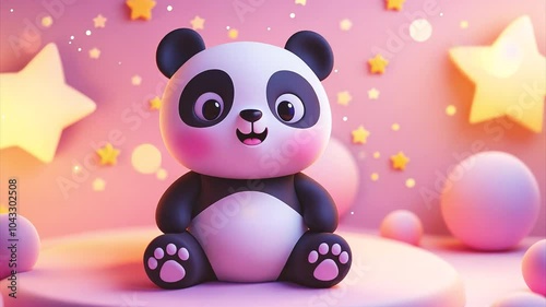 Cute cartoon animal, 3d art style animation. Stylized little panda bear. Smiley kawaii face. Cute character for kids